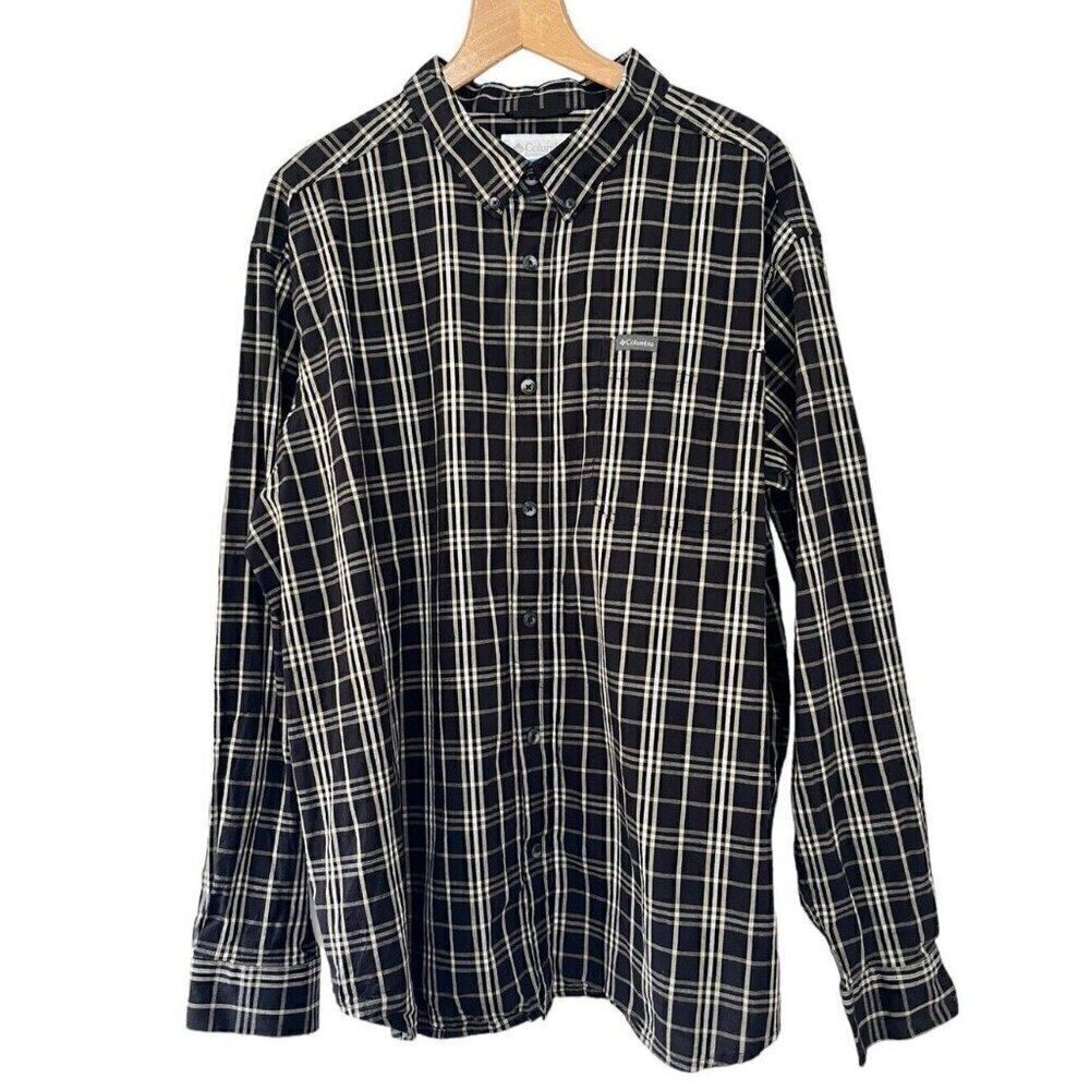 Columbia Men's Sz XXL Black White Yellow Plaid Long Slv Casual Button Down Shirt